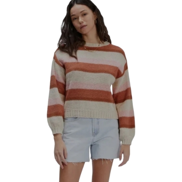 Billabong Striped Knit Sweater Womens S Boxy Fit Drop Shoulder Crewneck Fall - Picture 2 of 10
